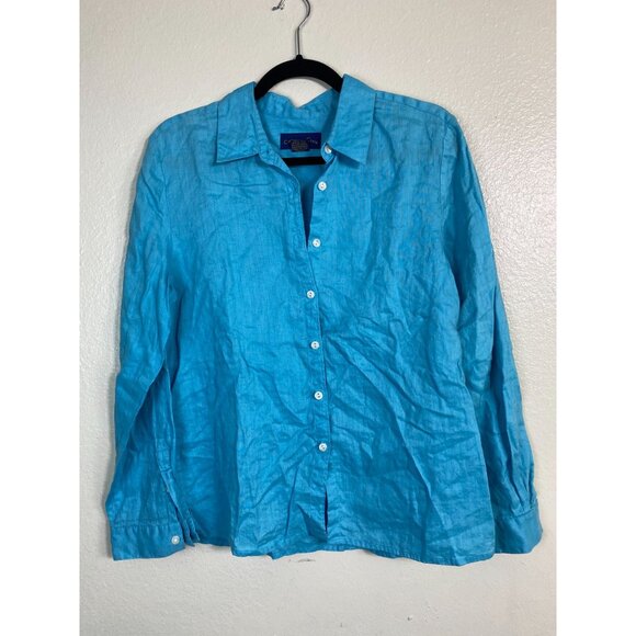 Charter Club Womens Blue Linen Button Up Shirt Size 10 Long Sleeves Lightweight - Picture 13 of 14